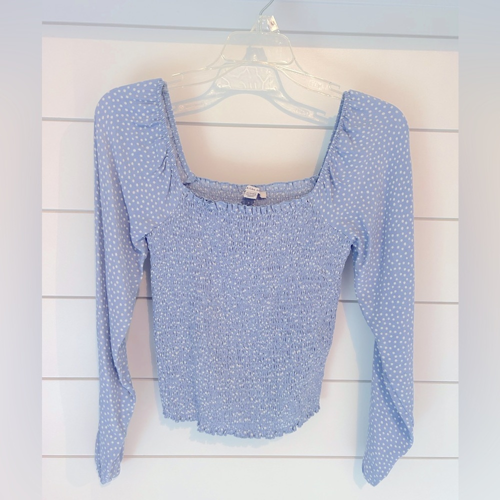 American Eagle blue and white polka dot square neck long sleeve top